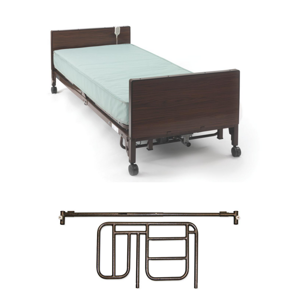 The Medline MedLite Semi-Electric Homecare Bed, shown with a light blue mattress and dark wood headboard and footboard, is featured above a detachable metal bed rail with a lightweight, foldable design.